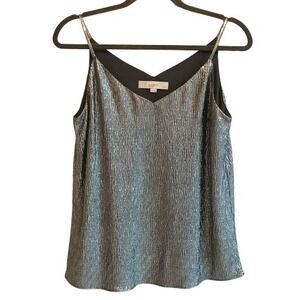 LOFT Petite Silver Metallic V-Neck Cami Shell SP Textured Crinkle Tank Top Lined
